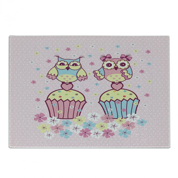 Owls Cutting Board, 2 Owl Couples on Cupcakes Springtime Happiness Romantic Art, Decorative Tempered Glass Cutting and Serving Board, Small Size, Pale Pink Sky Blue, by Ambesonne