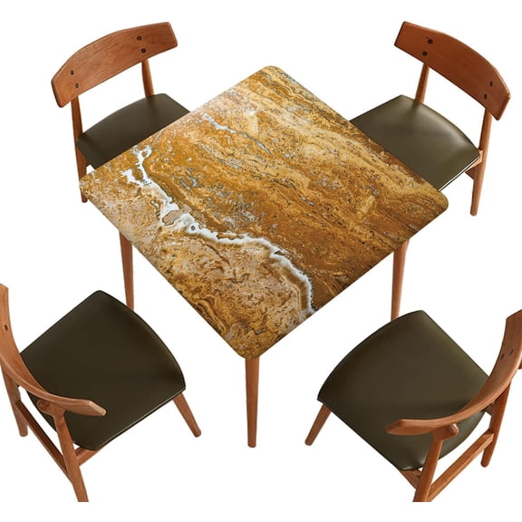 Square Fitted Polyester Tablecloths, Yellow Gold Marble Elastic Edge Home Decor Table Cover, Stain Resistant Washable Table Cover for Indoor Outdoor Party Use, Fit for 36" x 36" Square Table