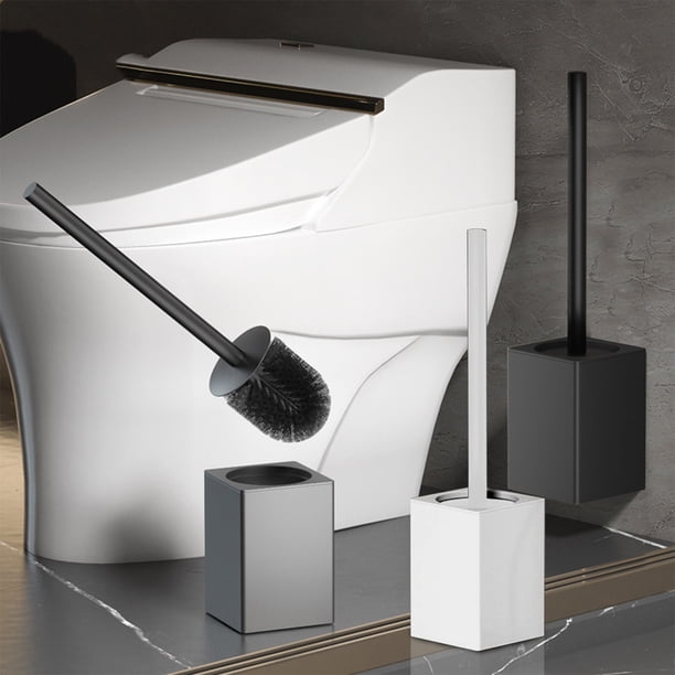 Escobilla de baño con mango de acero inoxidable | Limpiador de inodoros compacto moderno para baño | Cepillo de cerdas largas | Base antideslizante duradera | Gris Blanco | 13.6 pulgadas | 1 Paquete
