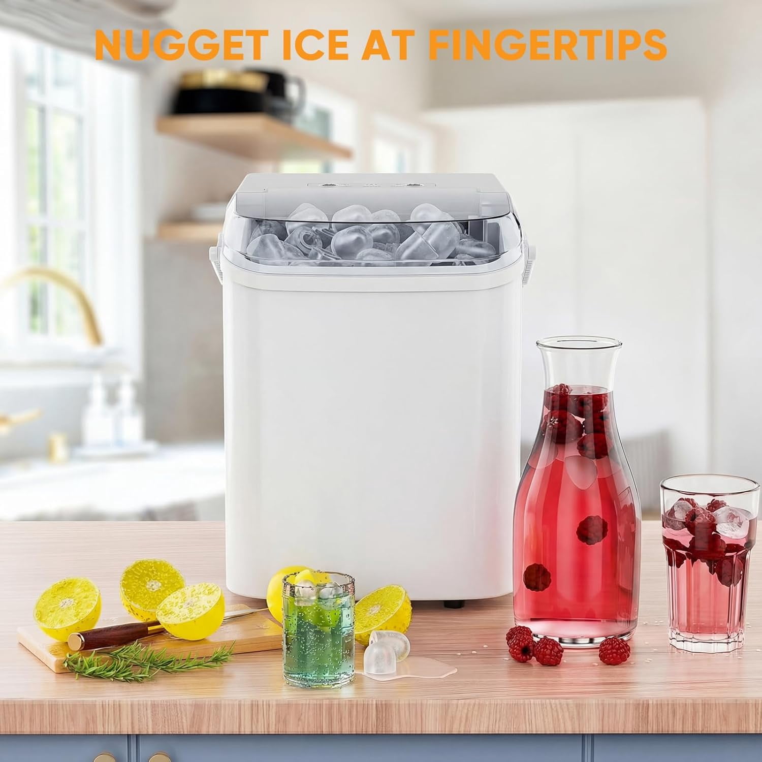 Portable Ice Maker Countertop, 6-Minute 9-Bullet Ice Machine with Auto Clean, 26lbs Daily, Includes Basket and Scoop for Home Kitchen RV Camping in White