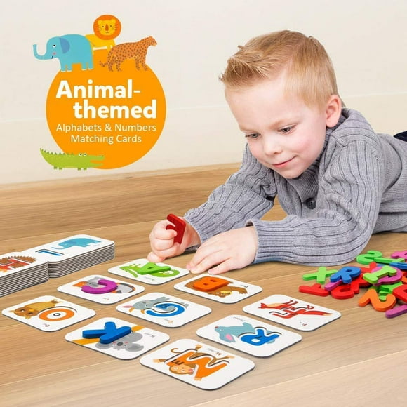 AMERTEER Alphabet Number Flash Cards Wooden Letter Puzzle ABC Sight Words Match Games Animal Counting Board Preschool Educational Montessori Toys for Toddlers Boys Girls 3+ Years (26 Card