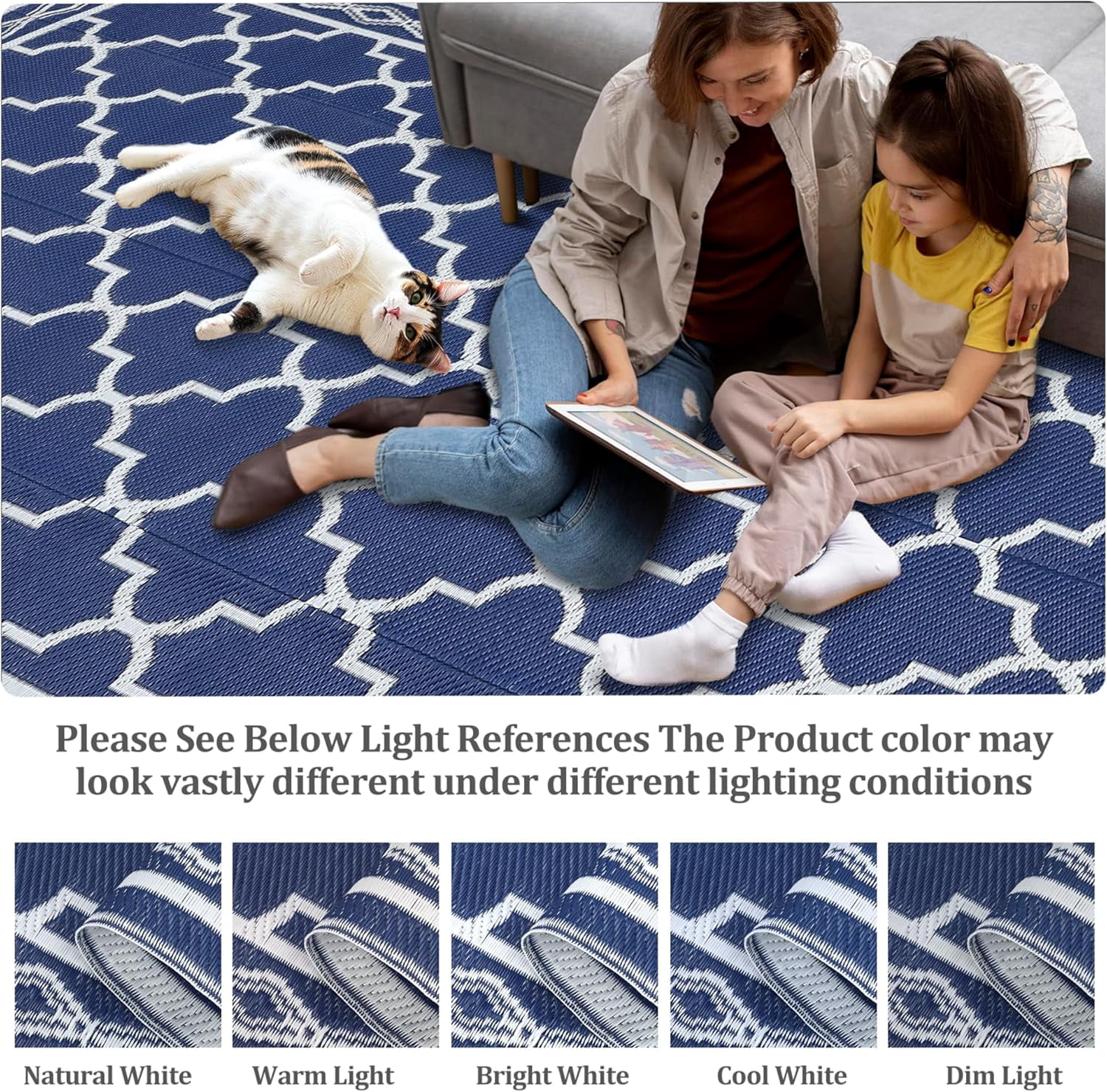 Memoryfield Waterproof Outdoor Rug 8x10ft for Patios, Plastic Straw Rug Outside Carpet Mats for Picnic, Backyard, Deck, Balcony, Porch, Beach, Dark Blue & White