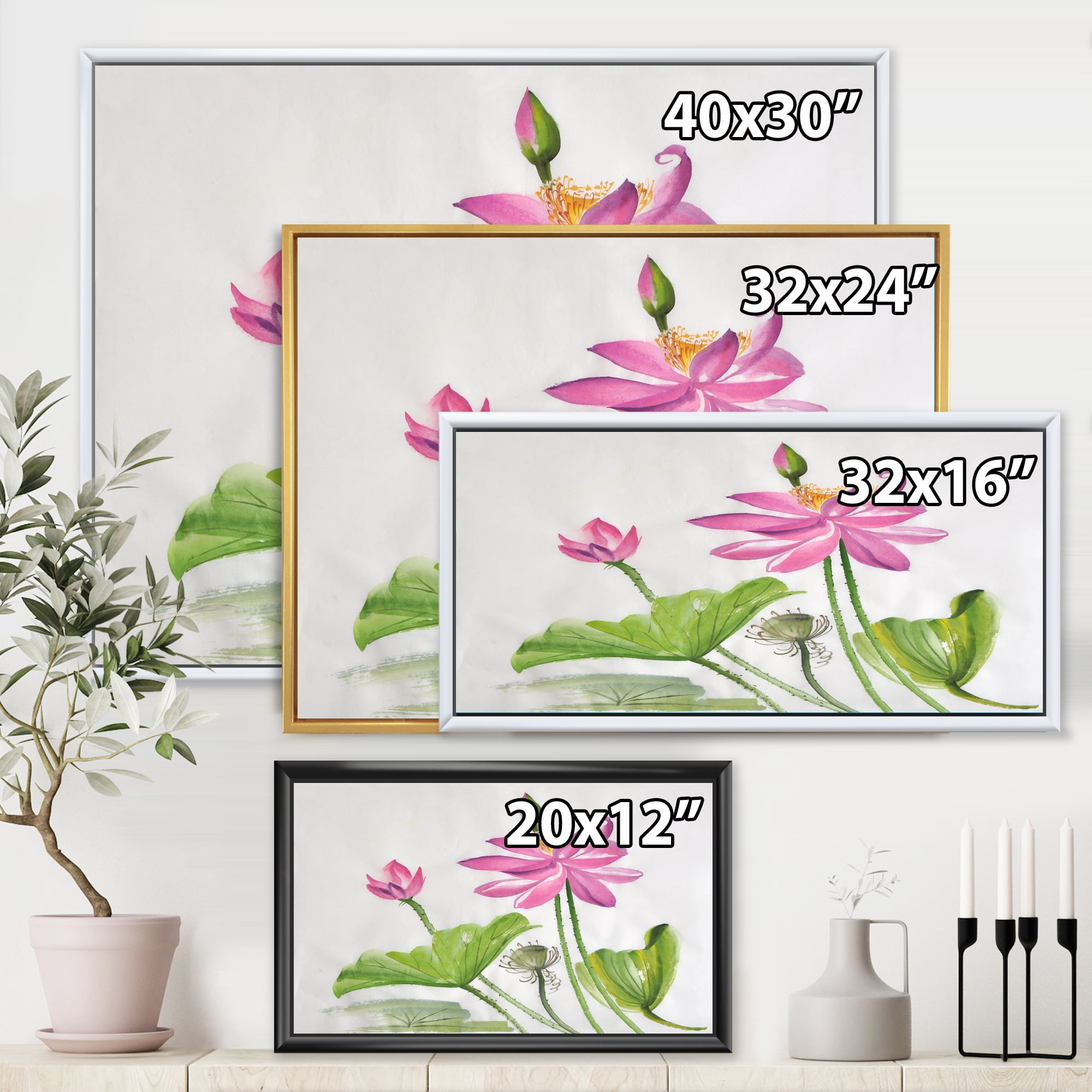 Designart 'Two Pink Lotus Flowers With Green Leaves' Traditional Framed Canvas Wall Art Print