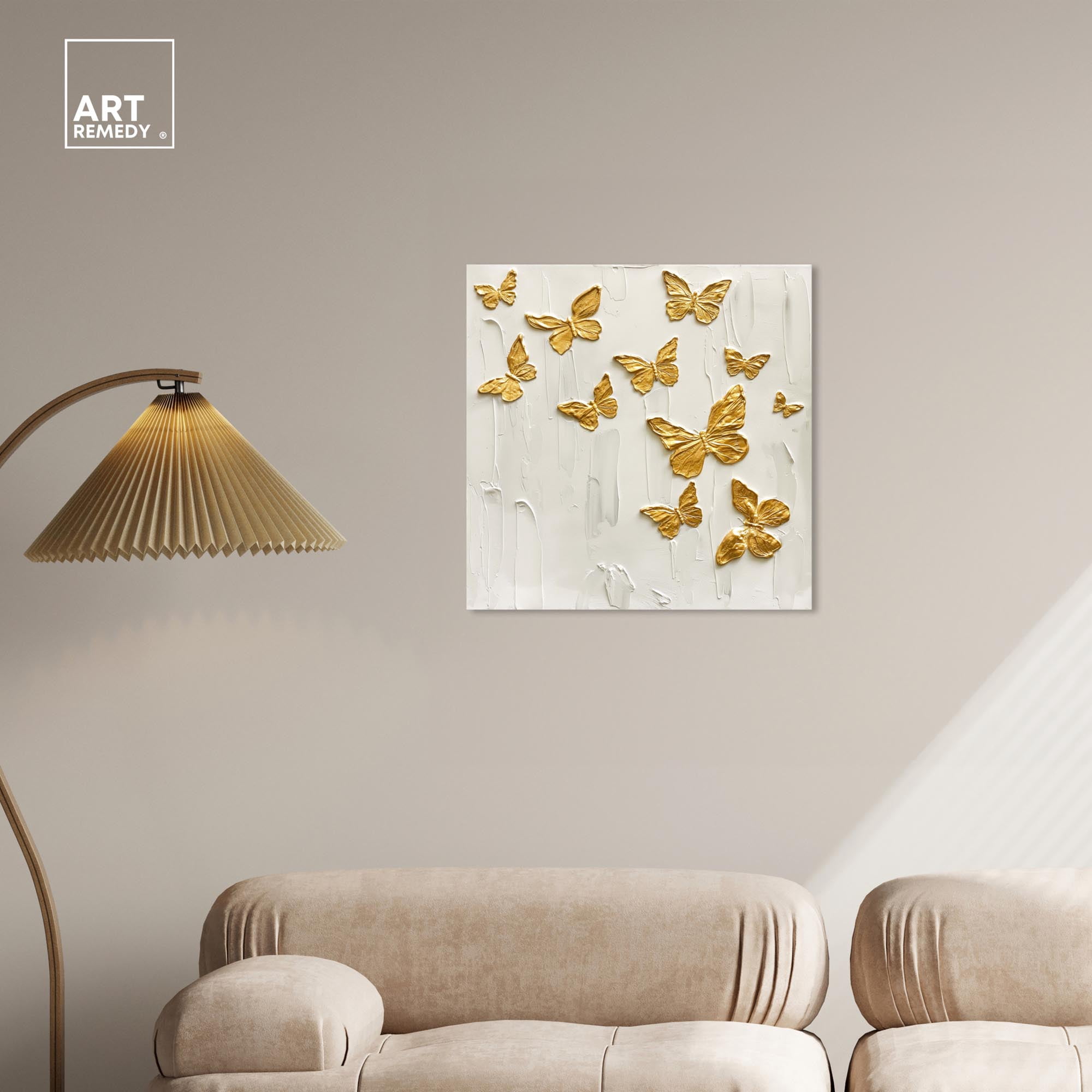 Mariposas A Volar Canvas Elegant White Gold Wall Art by Art Remedy, Gallery Wrapped, 24" x 24"