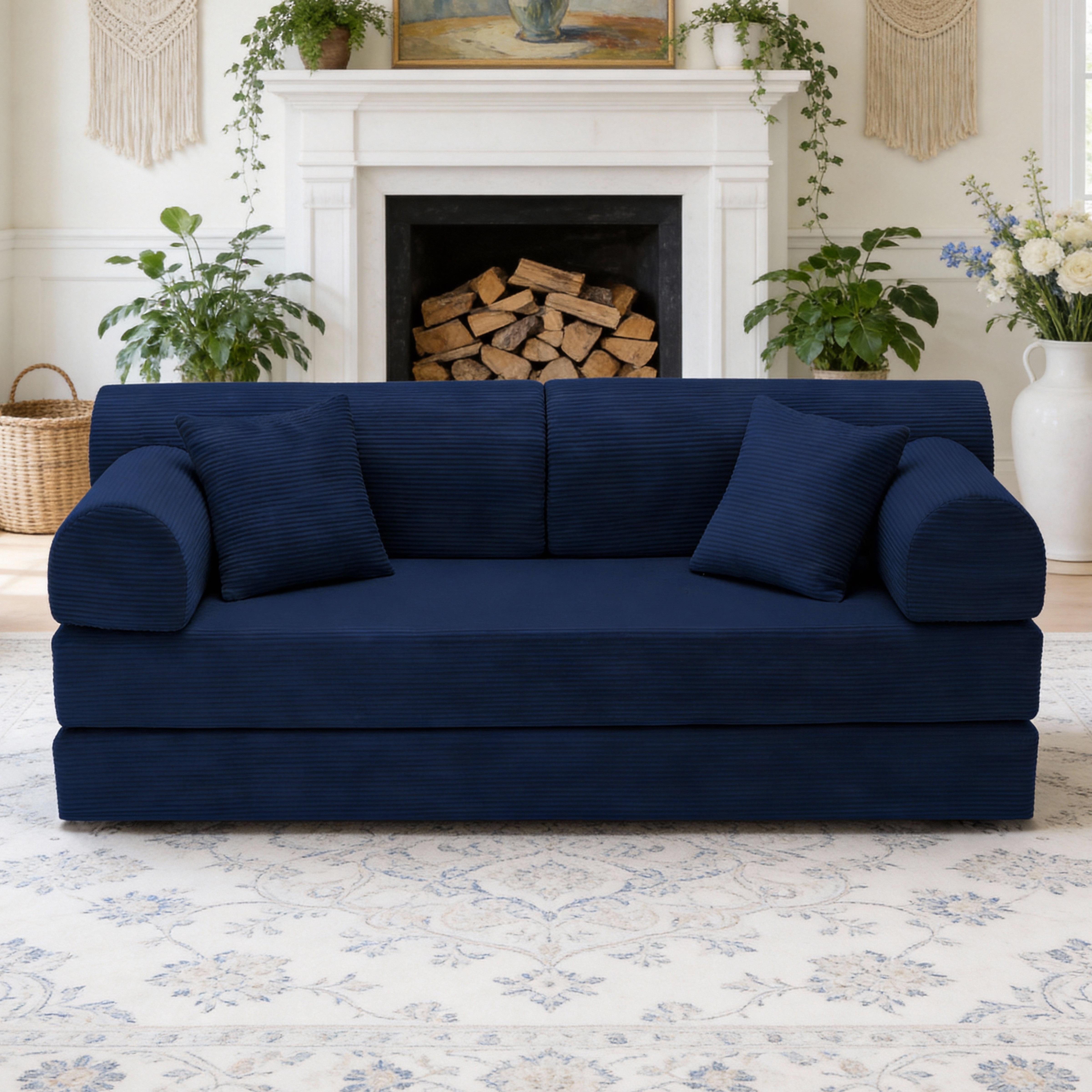 Leumius 79" Convertible Futon Sofa Bed, Boneless Couch for Living Room, Corduroy Folding Mattress Couch with Fixed-Shape Frame, Floor Sofa Lounge Couch with 2 Pillows, No Assembly,Blue