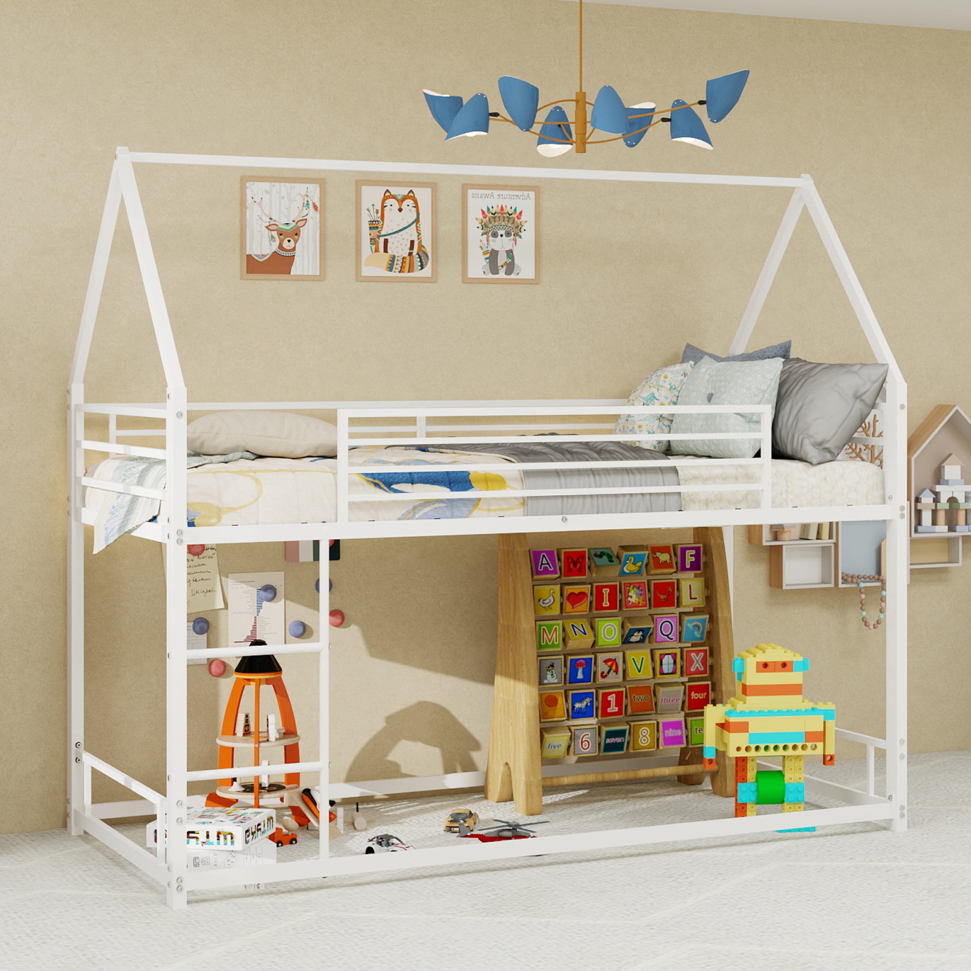 Leumius Twin Size Loft Bed,House Shape Metal Bed with Sturdy Frame, Space-Saving Design and Playhouse Style for Kids' Bedroom White