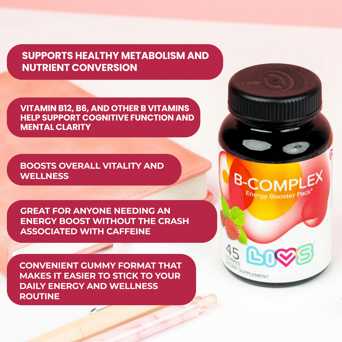 LIVS Vitamin B Complex Gummies with B12, Biotin, B3, B6 & Vitamin C for Kids & Adults | Energy, Support & Recovery Supplement | Promotes Mood, Metabolism & Nerve Function | Strawberry Flavor – 90 Ct