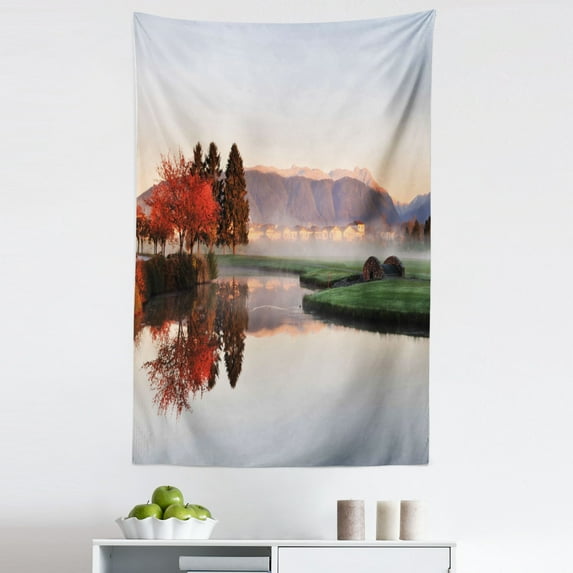 Fall Tapestry, Vibrant Maple and Pine Trees Reflection Stone Bridge over Creek Fog Houses and Hills, Fabric Wall Hanging Decor for Bedroom Living Room Dorm, 5 Sizes, Multicolor, by Ambesonne