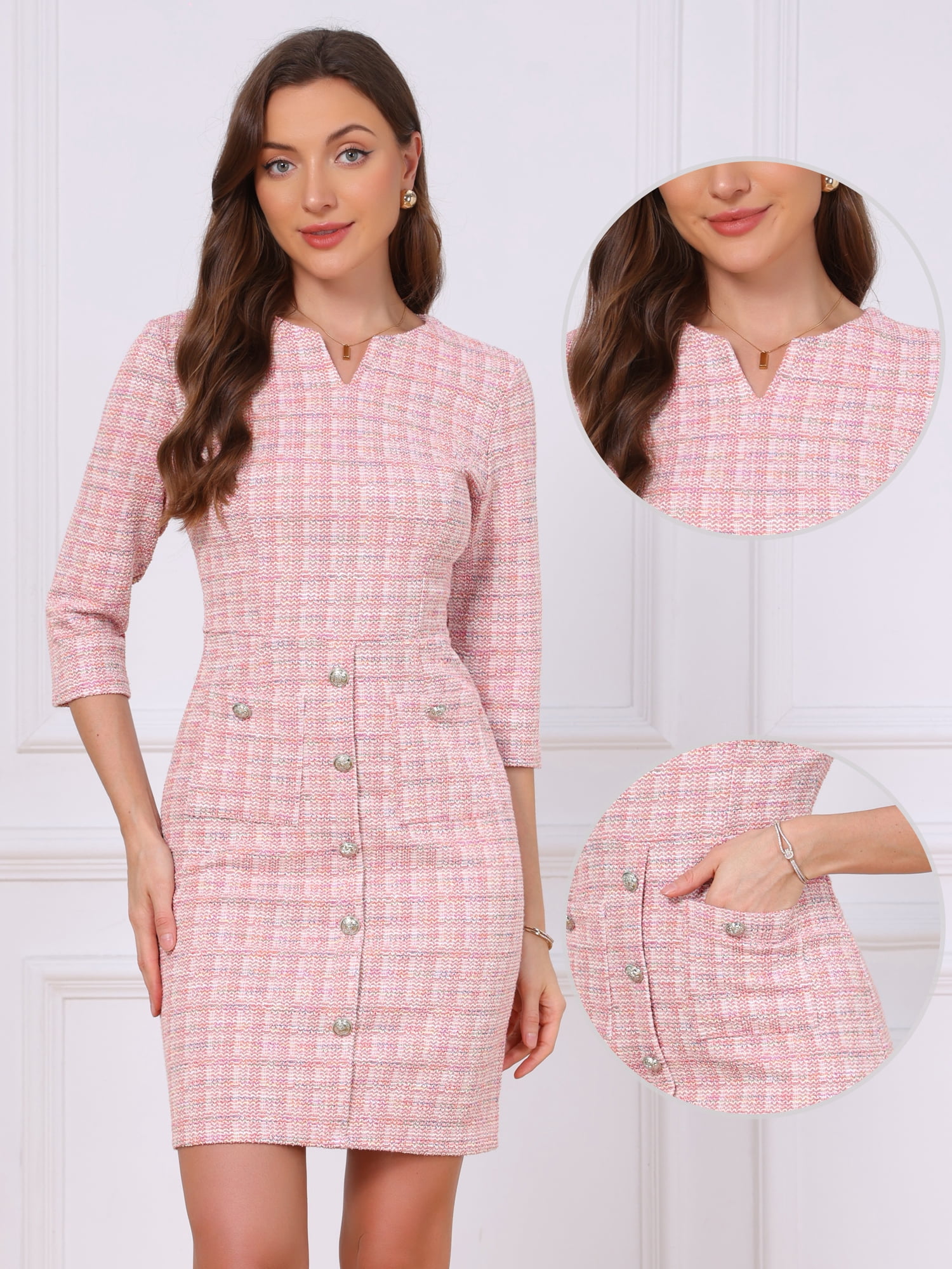 DARING DIVA Women's Tweed Dress Vintage 3/4 Sleeve Business Crew Neck Sheath Dress M Pink