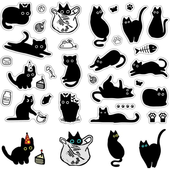Black Cat Clear Rubber Stamps Reusable Cute Kitty Cats Paw Cartoon Transparent Silicone Stamp Seals Vintage for Journaling Card Making Decor DIY Scrapbooking Supplies Crafting