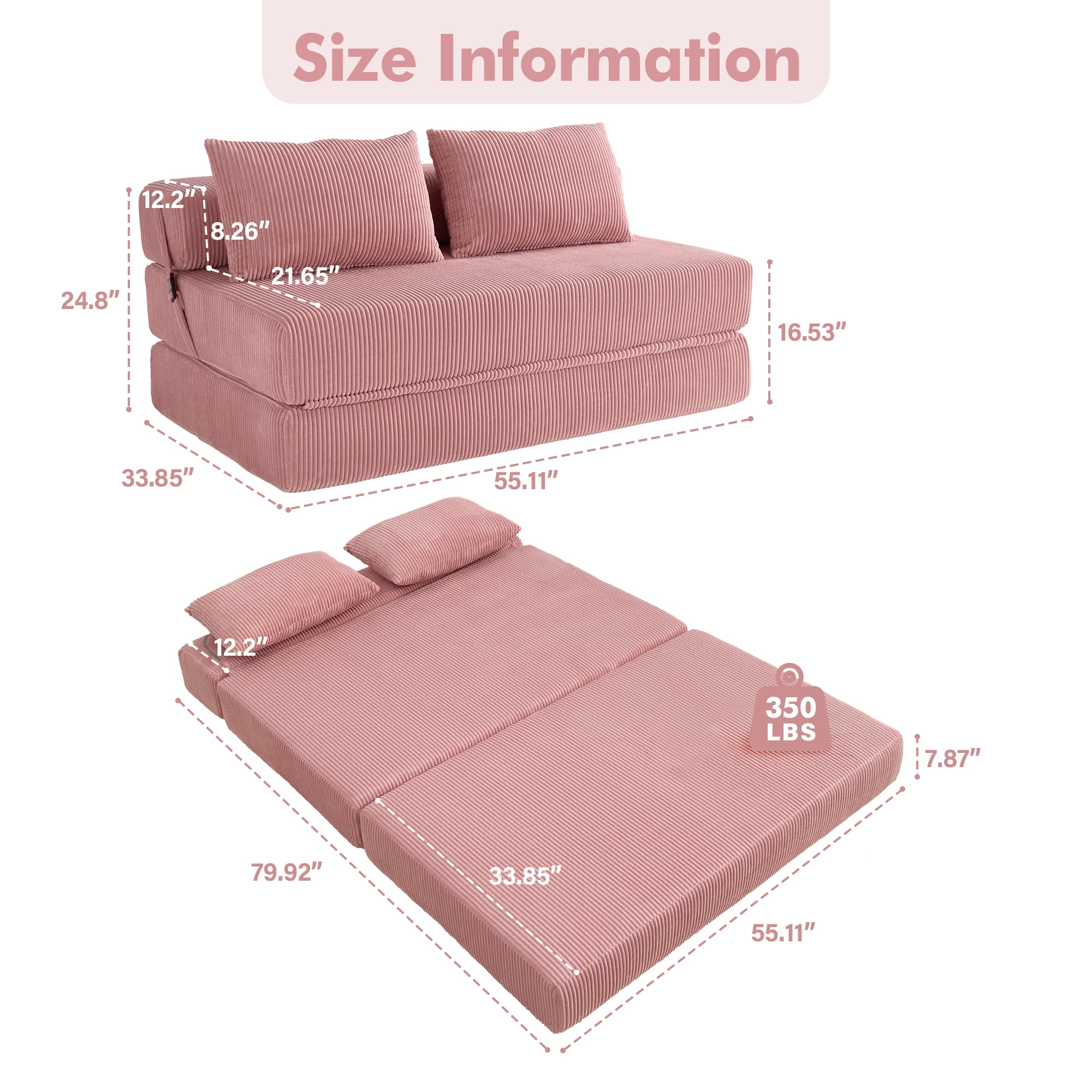 Aukfa Full Size Folding Sofa Bed, Loveseat Sleeper, Corduroy Convertible Floor Couch Mattress for Living Room, Dorm, Guest Room, Pink