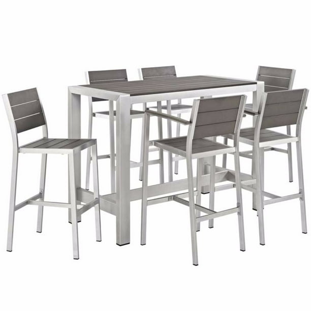 Modway Shore 7Piece Outdoor Patio Aluminum Dining Set, Silver Grey