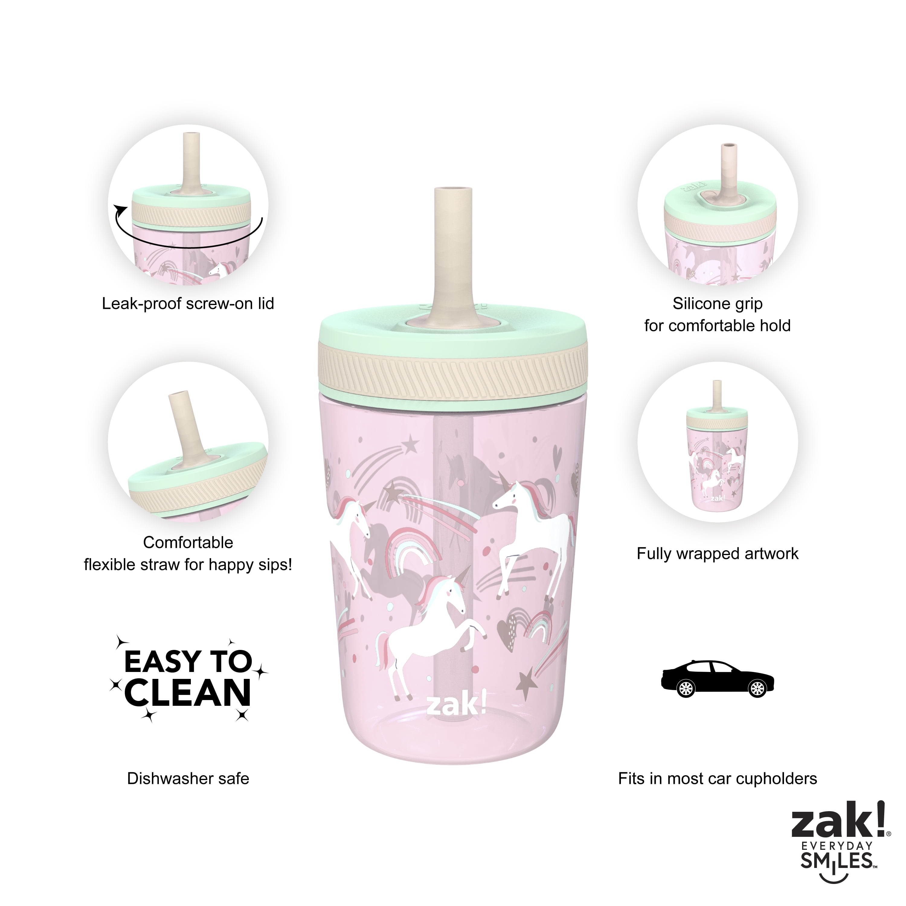 Zak Designs Kelso Tumbler Set 15 oz, (Unicorn) Non-BPA Leak-Proof Screw-On  Lid with Straw Made of Durable Plastic and Silicone, Perfect Baby Cup  Bundle for Kids (2pc Set) 
