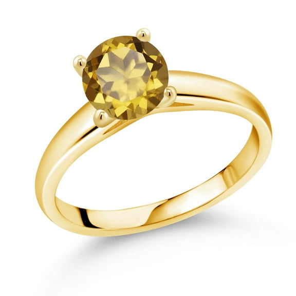 Gem Stone King 1.25 Ct 7mm Round Champagne Quartz 10K Yellow Gold Ring (Size 9)