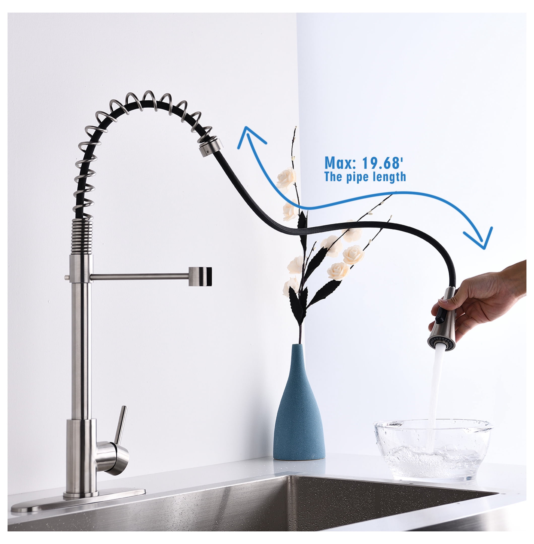 Brushed Single Handle Modern Spring High Arc Kitchen Faucet Water Filter System Bends as You Want
