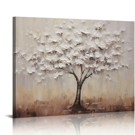 COMIO Wall Art Abstract Landscape on Canvas Hand Painted 3D Oil Paintings with Textured Tree White Leaves Pictures Artwork for Wall Decor Living Room Bedroom Decoration 20x16in