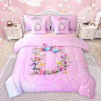 Homewish Initial D Letter Bedding Comforter Set 7pcs for Child, Kawaii Pink Groovy Flower King Bedding Sets, Magic Butterfly Animal Reversible Bed Sheets, Luxury Bedroom Decor