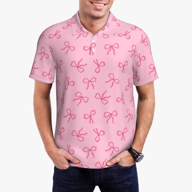 Fotbe Pink Bows Camiseta Polo de Golf para Hombre con Estampado – Camisa Deportiva Transpirable con Cuello Abotonado-Large