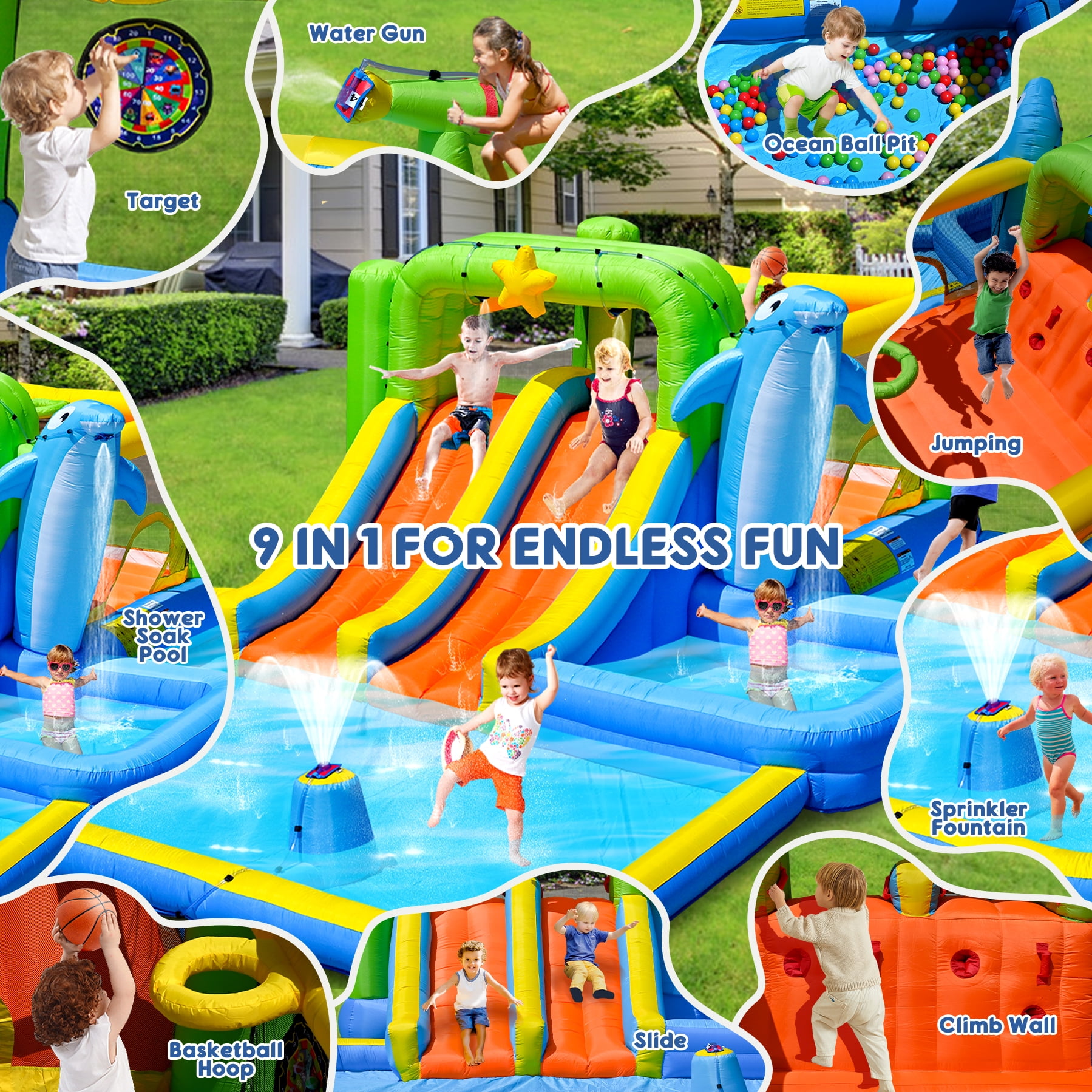 Mintazer 9-In-1 Inflatable Bounce House with Blower, 2 Slides Play Castle with Shower Soak Pool, Sprinkler Fountain, Climbing Wall & Water Gun for Kids