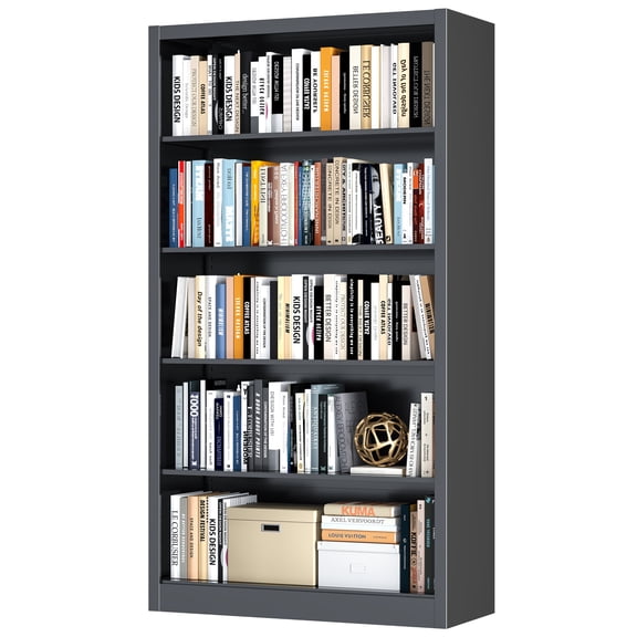 5-Tier Metal Bookcase, 14" Deep Adjustable Book Shelf, 66" Tall, Black