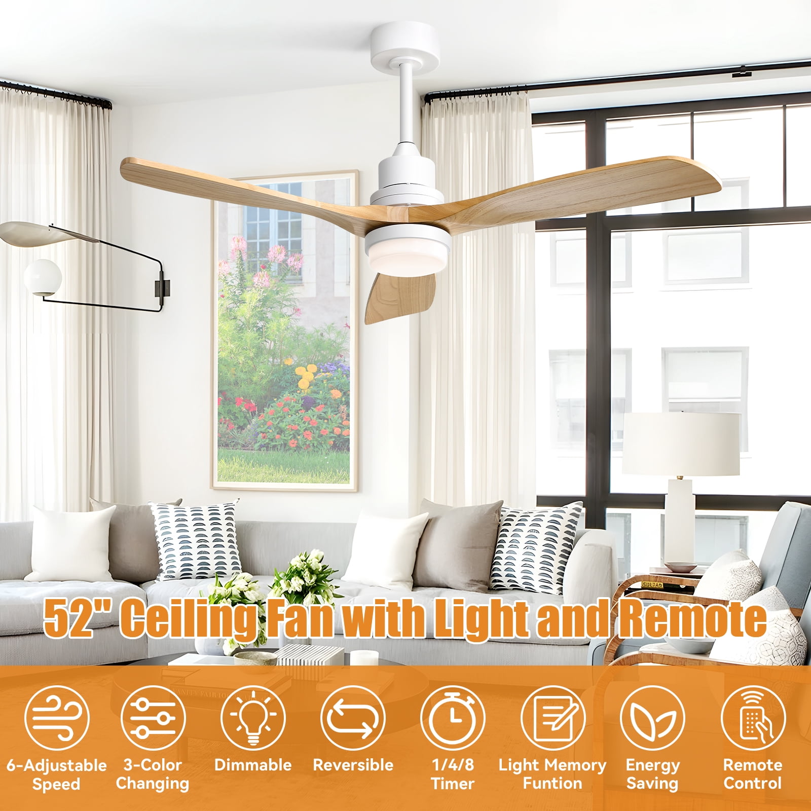 Sofucor Ceiling Fan with Lights, 52 Inch Mordern Wood Ceiling Fan with Remote for Indoor Farmhouse Bedroom Living Room Outdoor Patio Porch, Reversible DC Motor, Noiseless
