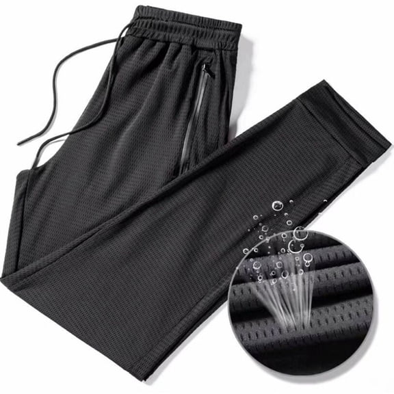 European Ice Silk Mesh Breathable Men's Casual Pants with Waistband and Zipper Pockets for Sports Outdoor Travel Men's Comfortable Lightweight Hiking Pants Kids Pull On Sweatpants