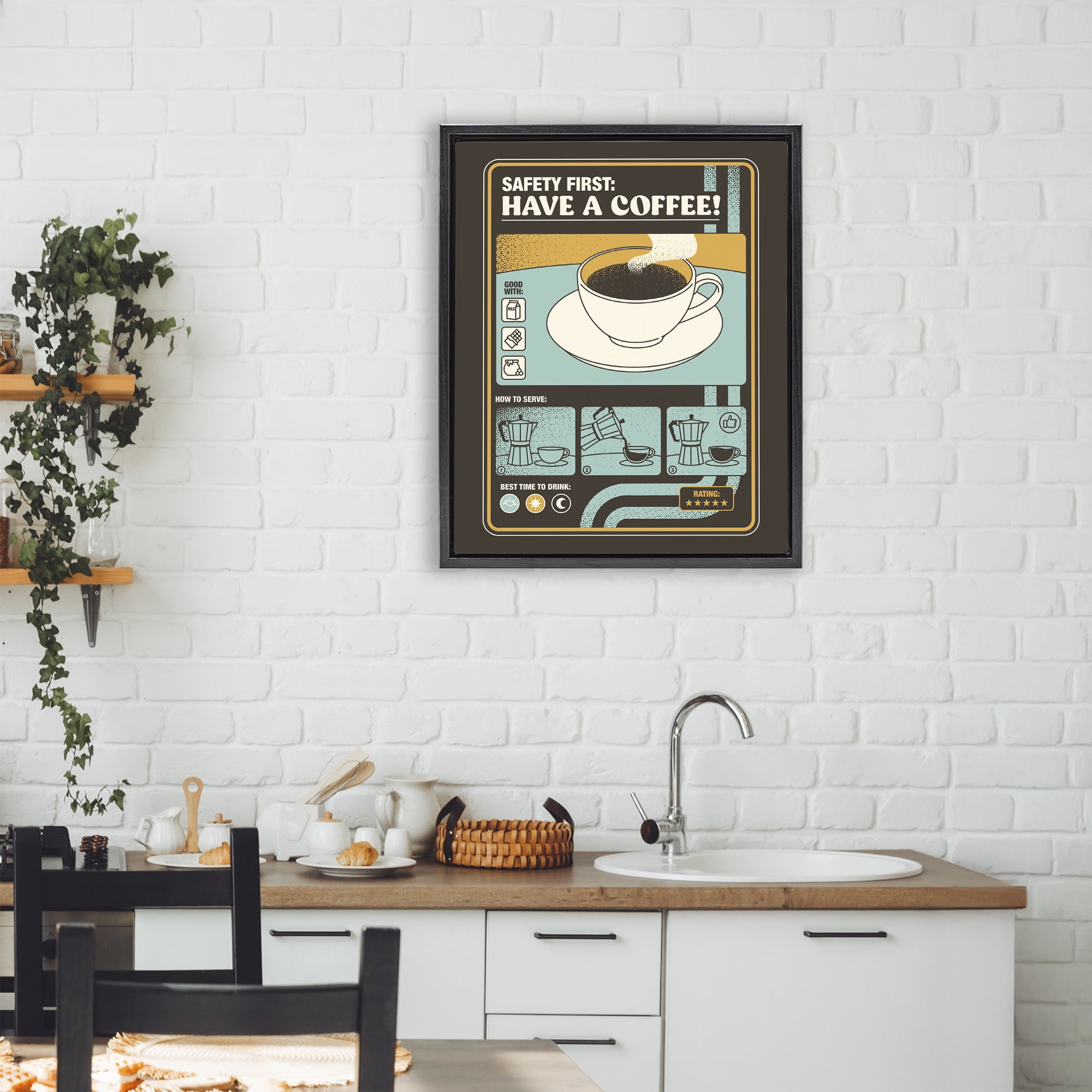 Stupell Industries Safety First Have A Coffee Black Framed Floater Canvas Wall Art, design by Tobe Fonseca