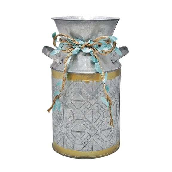 Fauevav Galvanized Milk Can with Rope Antique Retro Vase Metal Planter Rustic Vintage Primitive Flower Holder Farmhouse Country Plant for Home Office Decor, 7.6”
