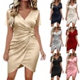 thumbnail image 2 of Womens Dresses Summer Colored Loose and Satin Short-sleeved V-neck Pleated Dress L, 2 of 7