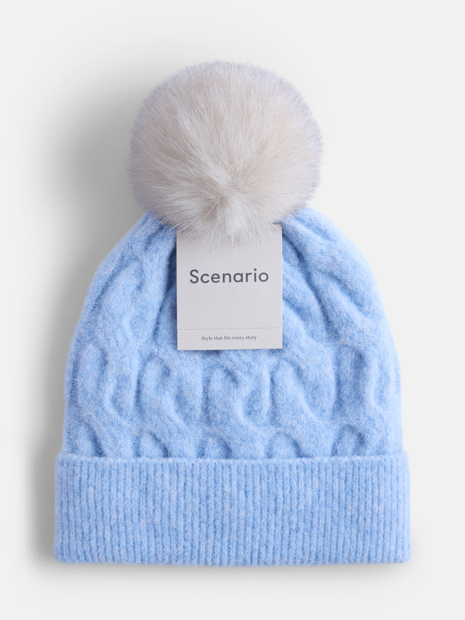 Scenario Women's Cable Knit Pom Beanie, Polished Blue