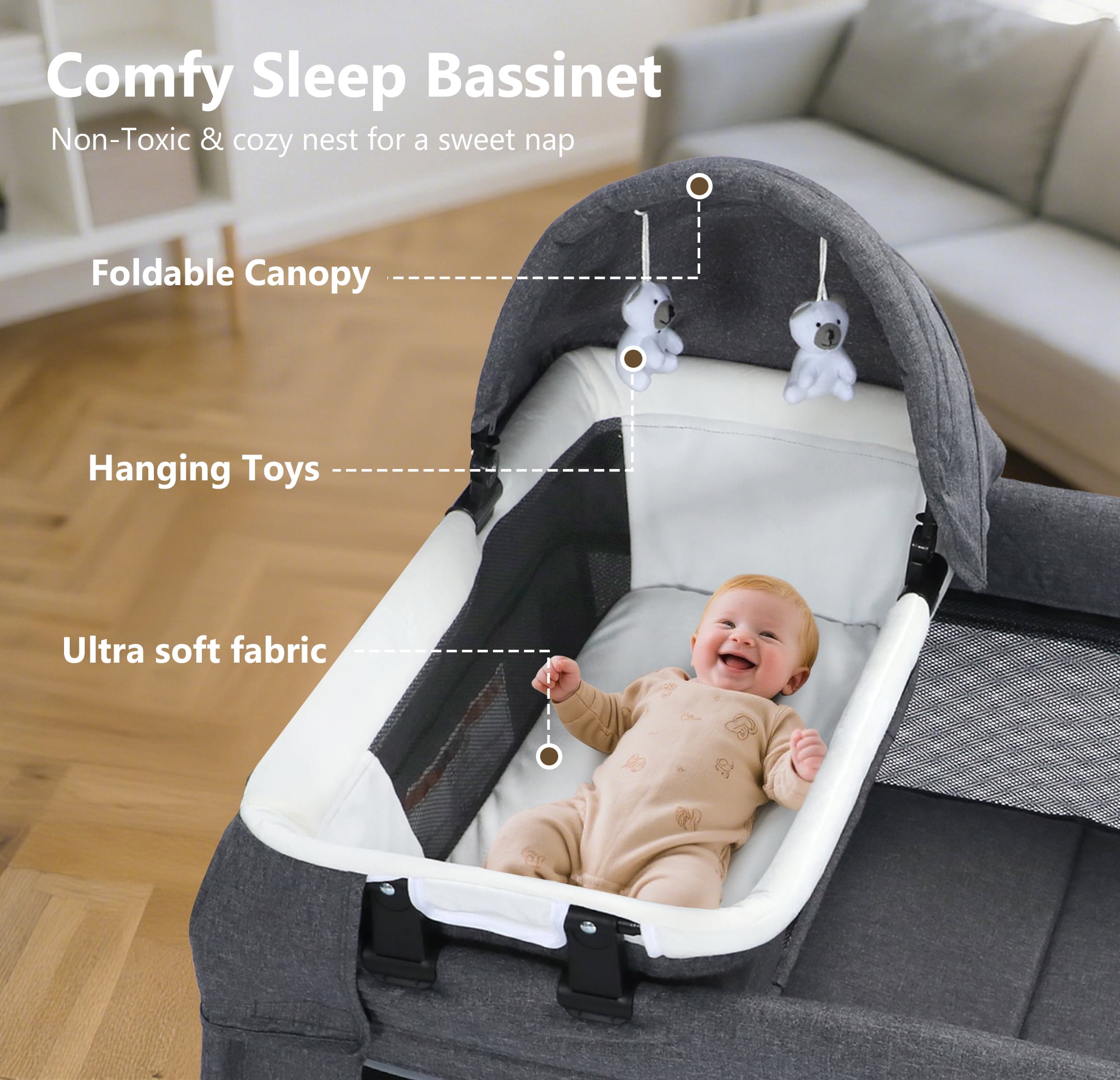 LINLUX Pack and Play w/ Bassinet & Changing Table, Baby Playard for Toddler, Newborn Crib Baby Bed,Gray