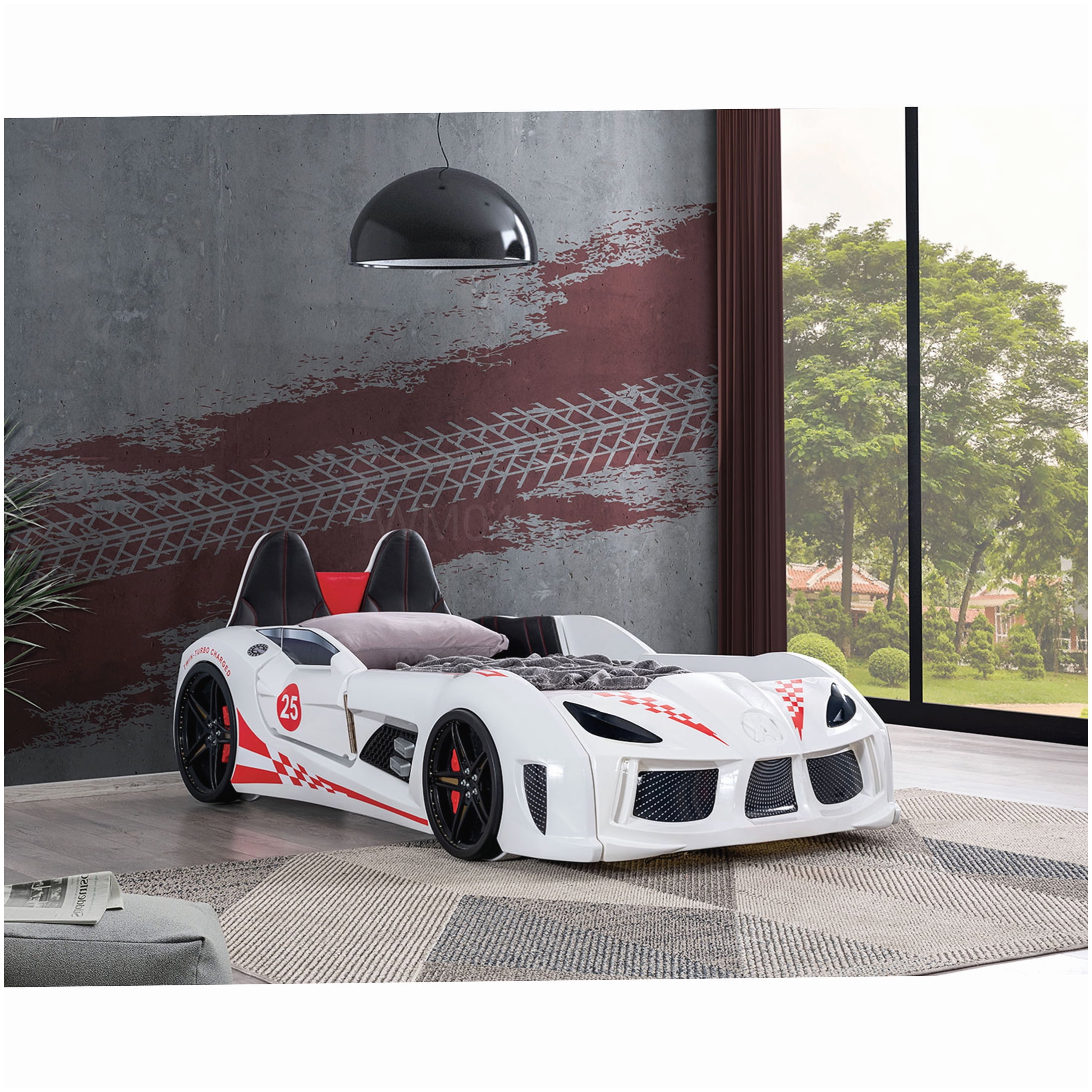 MANGIJOY Remote Controlled Twin Car Bed Frame with LED Underglow Lights and Music