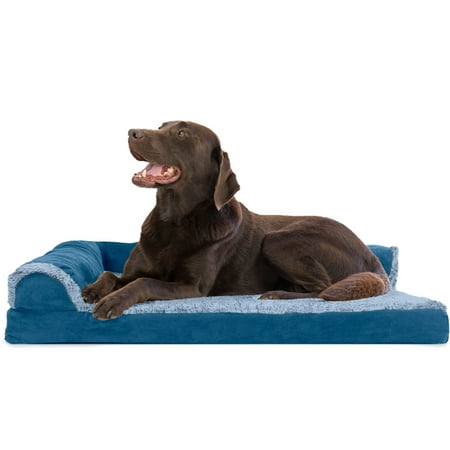 UPC: 0842229123746 | FurHaven Pet Products Two-Tone Faux Fur & Suede Deluxe Orthopedic Chaise Lounge Pet Bed for Dogs & Cats – Marine Blue Large