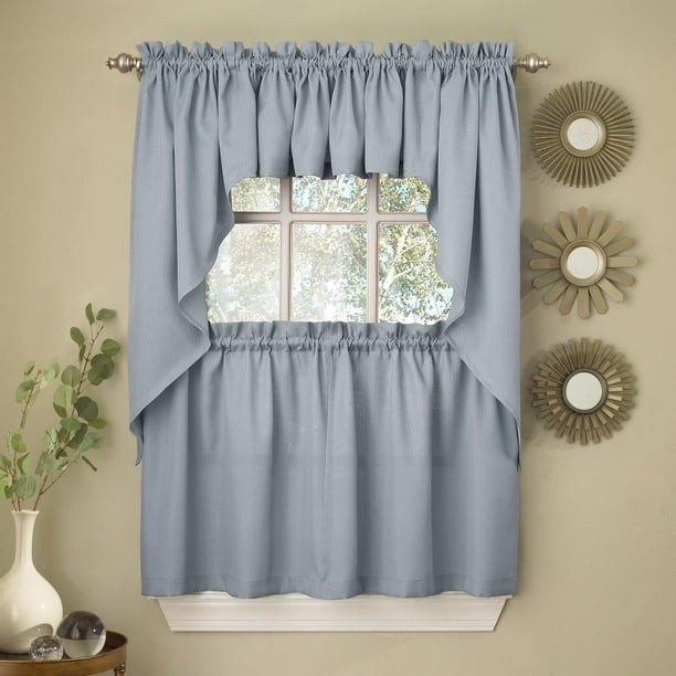 Light Blue Opaque Solid Ribcord Kitchen Curtains Choice of Tier Valance ...