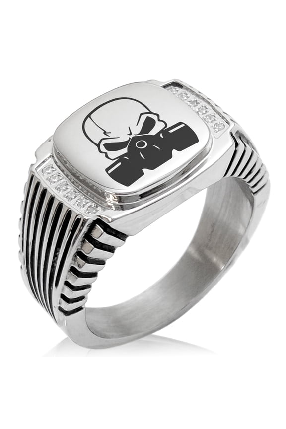 Stainless Steel Biohazard Death Skull CZ Ribbed Needle Stripe Pattern Biker Style Polished Ring