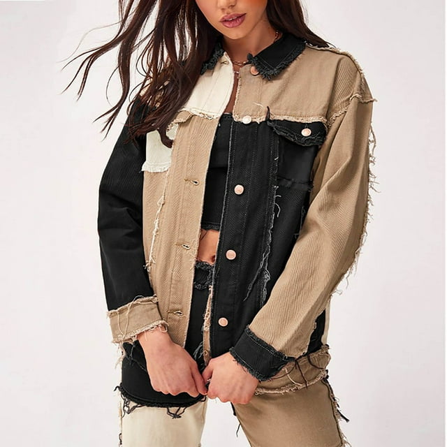 LOVZFMLL Vestes pour Femmes Printemps et Hiver Nouvelle Veste Mode pour Femmes Manteau à Panneaux en Denim Contrasté