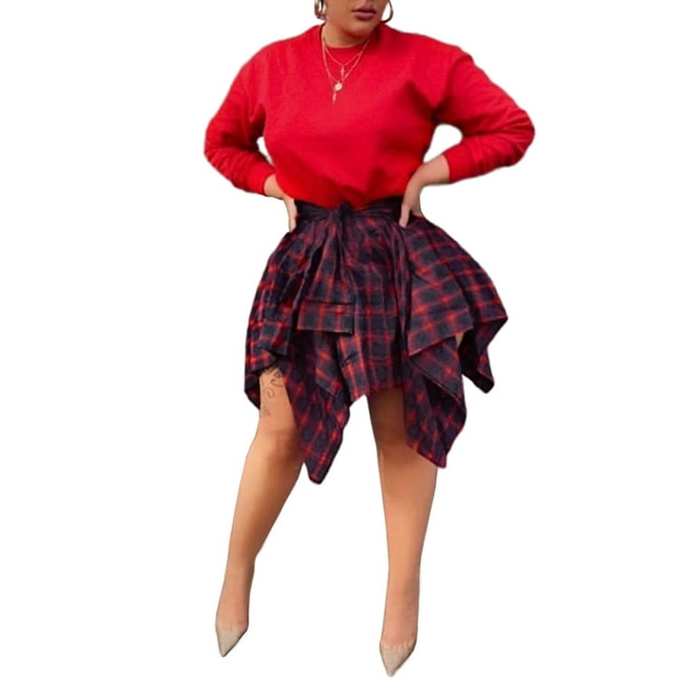Blotona Women Plaid Skirt High Waist Irregular Loose 90s Uniform