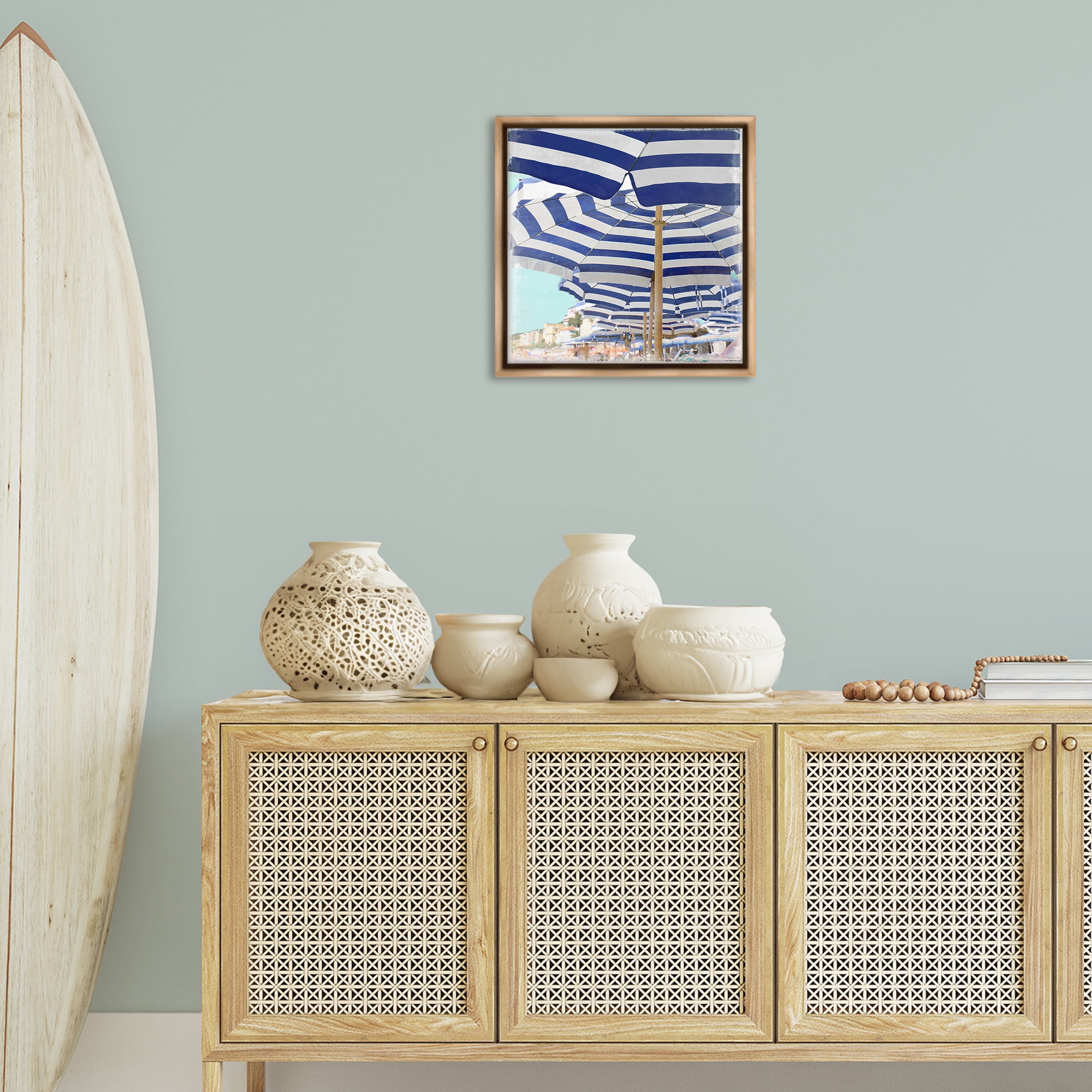 Stupell Industries Under Beach Umbrellas Nautical & Beach Painting Brown Floater Framed Canvas Art Print Wall Art, 18 x 18