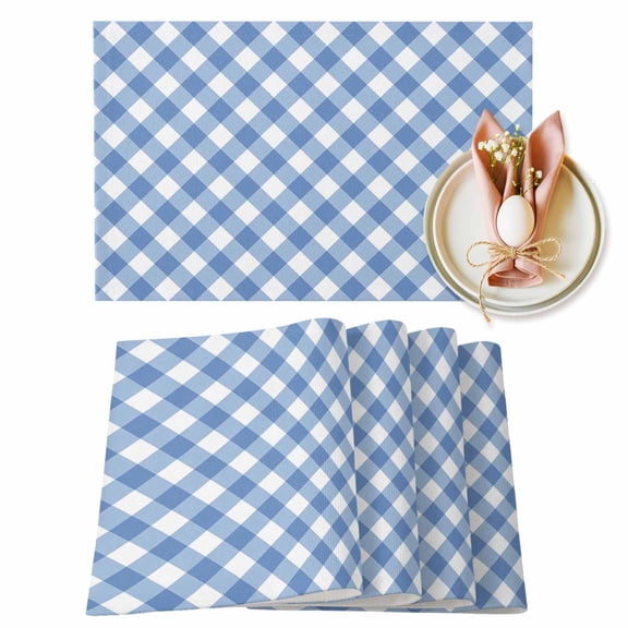 Spring Happy Placemats Set of 8, Easter Blue Diamond Buffalo Check Plaid Heat Insulated Linen Place Mats, Washable Stain-Proof Table Mats for Dining Tables Holiday Decor 13x19 Inches