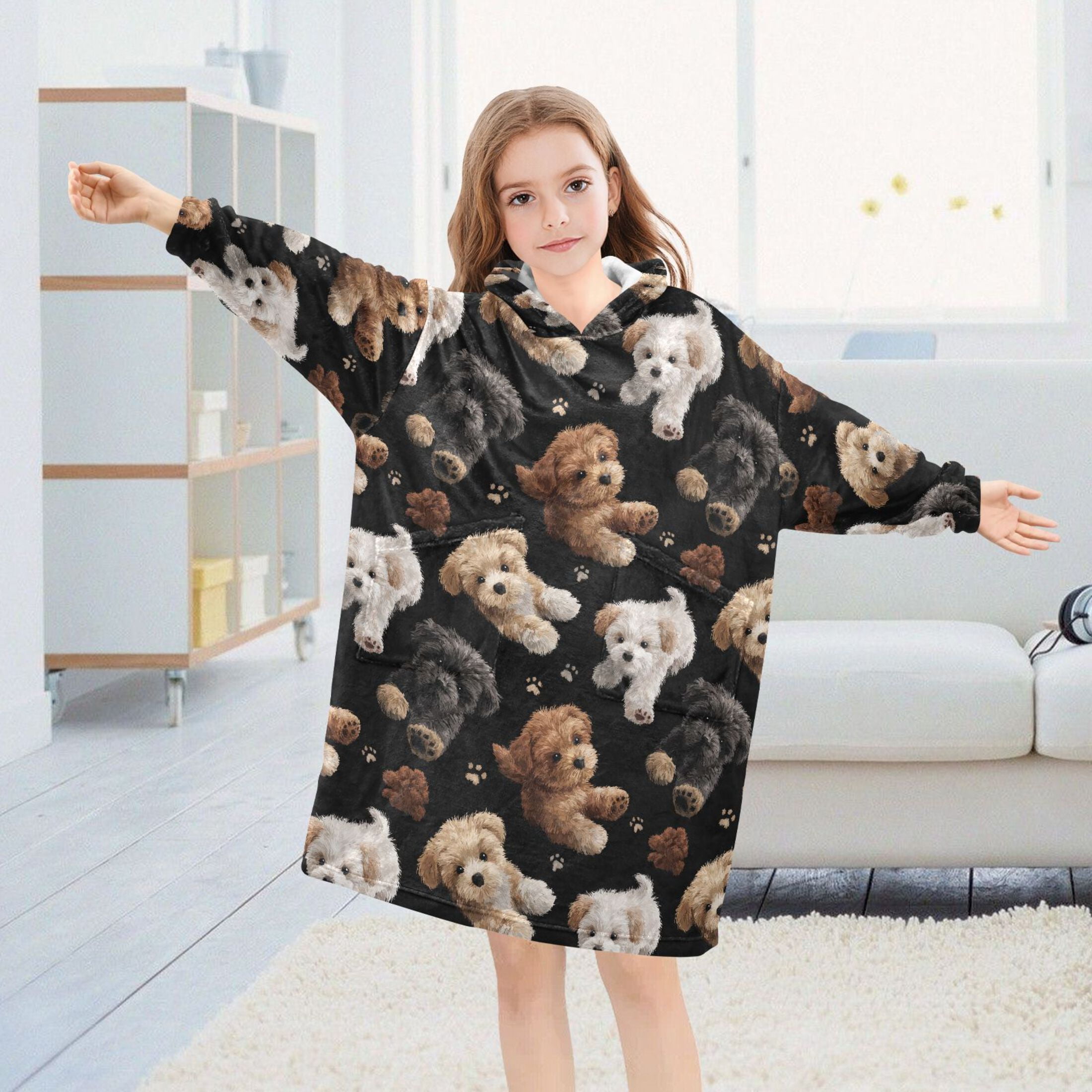 Wearable Blanket Hoodie for Kids Cute Puppies Flannel Hooded Blanket with Pockets and Sleeves Suitable for Boys and Girls