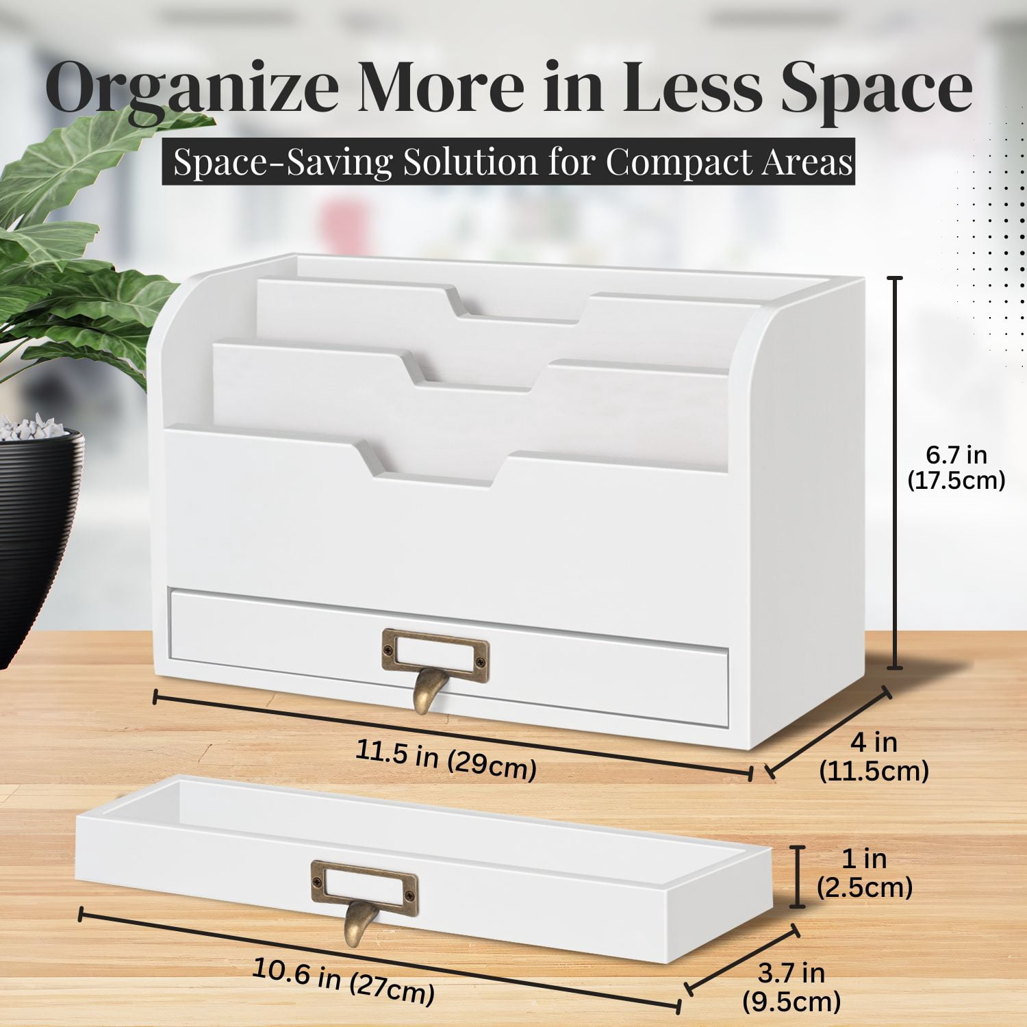 Wood Desk Organizer - Wooden Mail Organizer with Drawer for Mail, Bills, Accessories & Pen - 3 Tier Wood Bill Organizer for Desk, Tabletop, Countertop, and Office Workspace (Beige Wood)