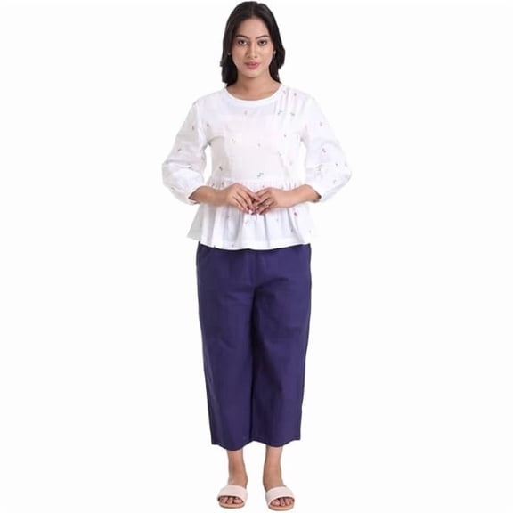 VIBHNYA Women's Cotton Embroidered Top Soft Breathable Casual Western Ethnic Fusion Blouse for Office College and Daily Wear