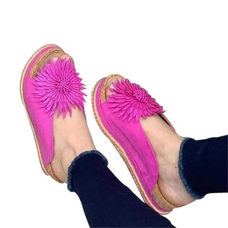 

Women Elegant Flower Slip On Sandals Beach Comfy Boho Sunflower Platform Slippers Open Toe Shoes PU Leather