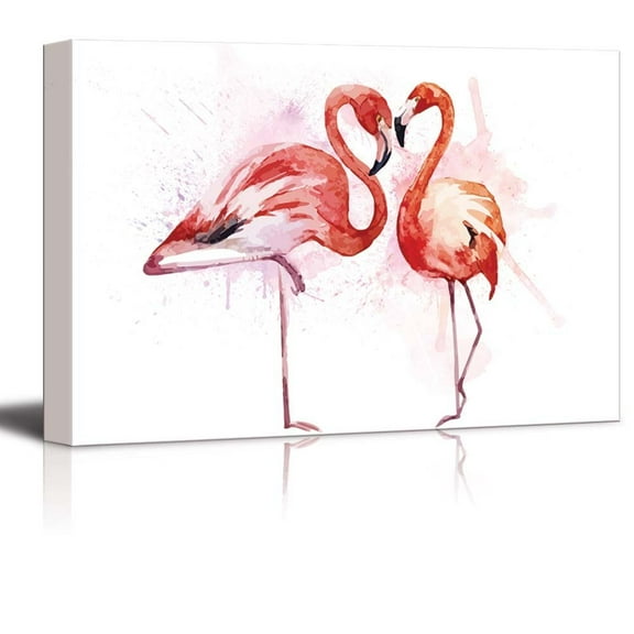 wall26 Beautiful Watercolor Painting of Two Flamingos - Print Gallery Wrap Modern Home Art Ready to Hang - 16" x 24"