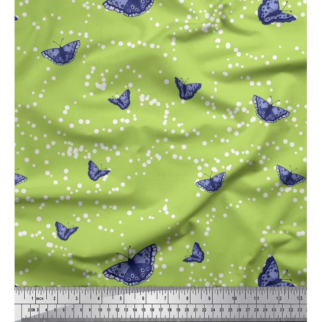 Soimoi Green Poly Georgette Fabric Dot & Butterfly Print Fabric by Yard 42 Inch Wide