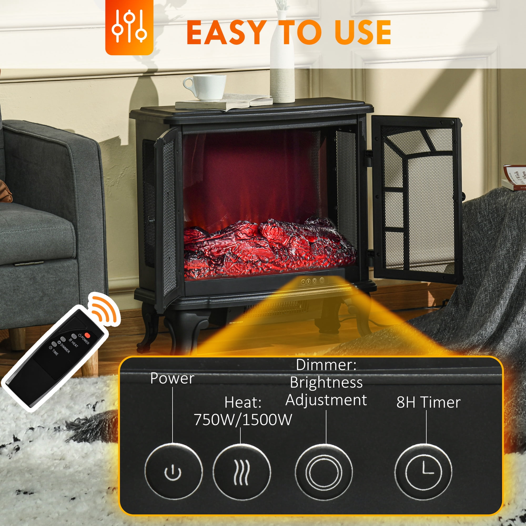 25" Electric Fireplace, Black ABS 750W/1500W 161-215 sq.ft UL/CUL Certified, Tempered Glass Adjustable Brightness Remote Control 8H Timer Overheat Protection