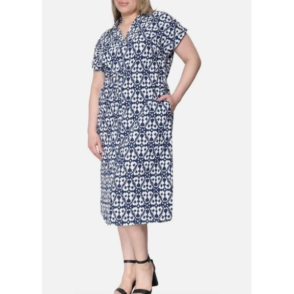 Badgley Mischka Short Sleeve Collared Button-Down Midi Dress With Pockets, Cotton Blend, Women's Small