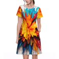 thumbnail image 1 of KLL Robe d'Été à Manches Courtes Imprimé Coloré pour Femmes, Robe Plissée Ample Longueur Genou avec Poches, 1 of 6