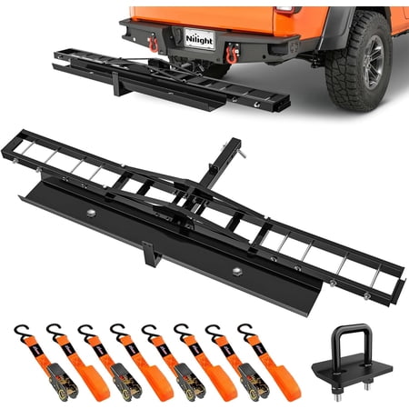 nilight motorcycle hitch carrier 600lbs heavy duty dirt bike hitch hauler with 55.11 longer ramp pin tie-down strap and tightener 2 receiver 5 wide tire