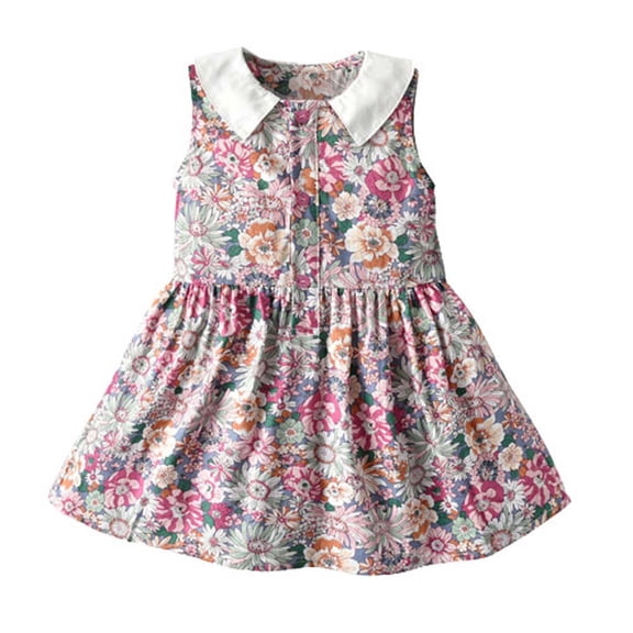 Zpanxa Dresses for Girls, Toddler Kids Girls Summer Retro Print Sleeveless Dress Princess Dress Pink 18-24 Months
